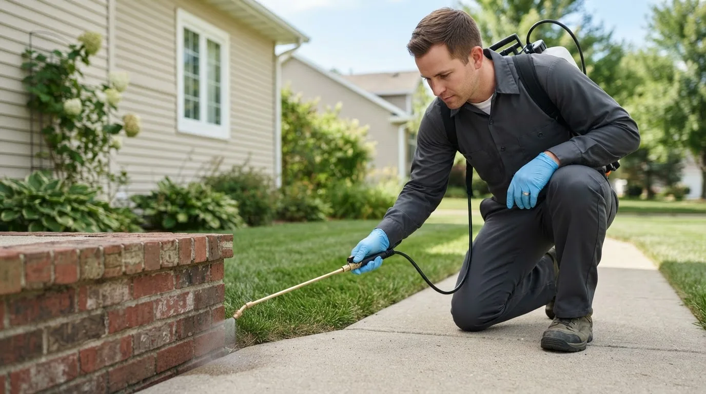 Pest control technician treating a home near Almond, NY