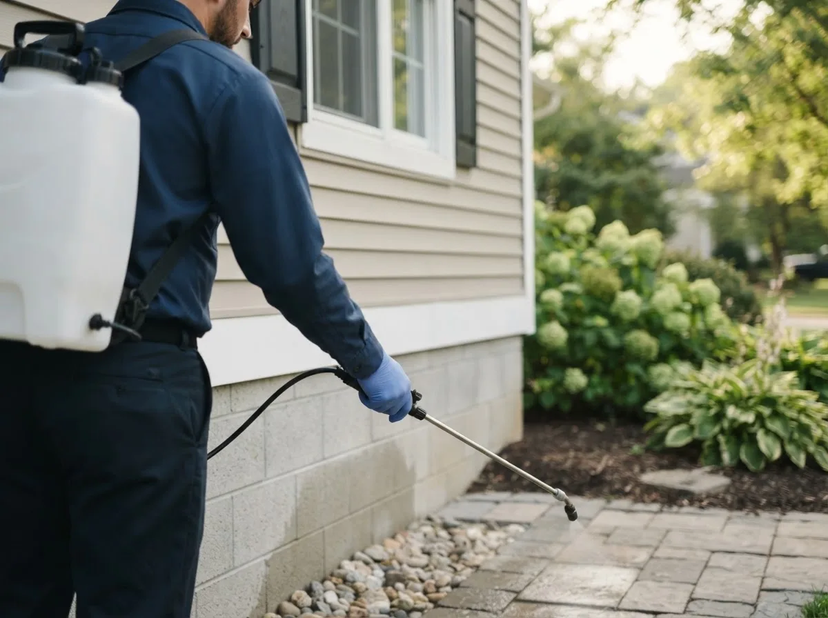Pest control technician inspecting a home in Almond, NY